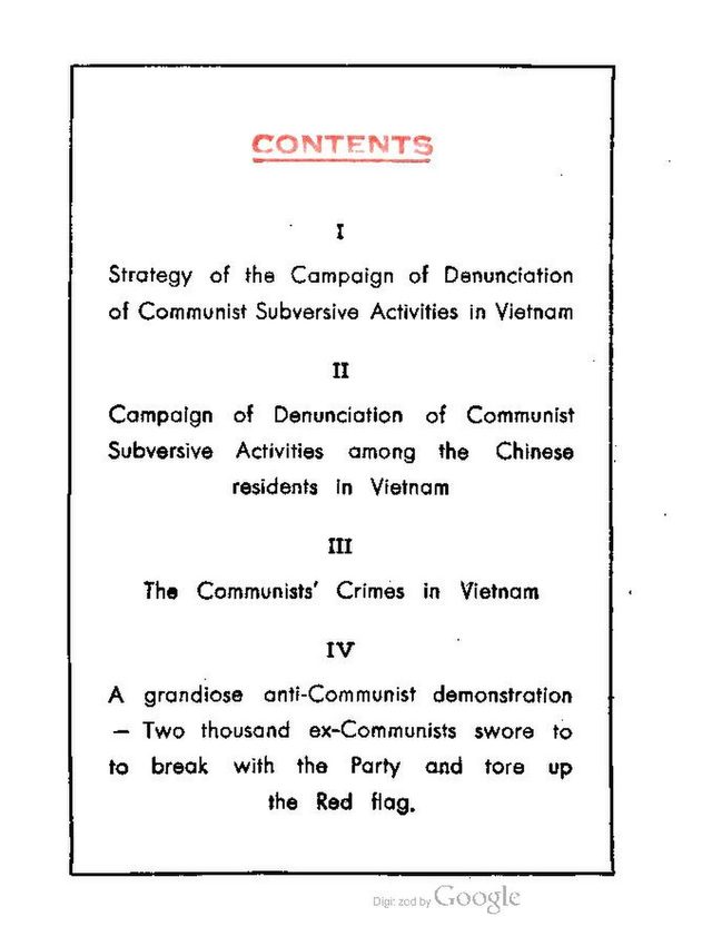 Viet Nam and the Fight Against Communism (pamphlet for the Manila anti-Communist league conference), contents page