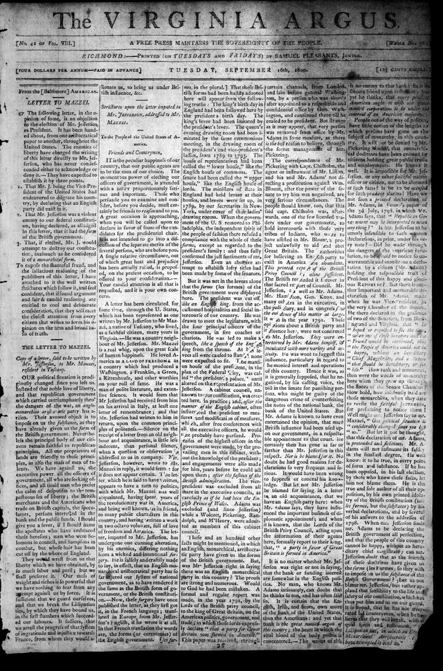 The Virginia Argus, "Letter to Mazzei" and rebuttal, 16 September 1800