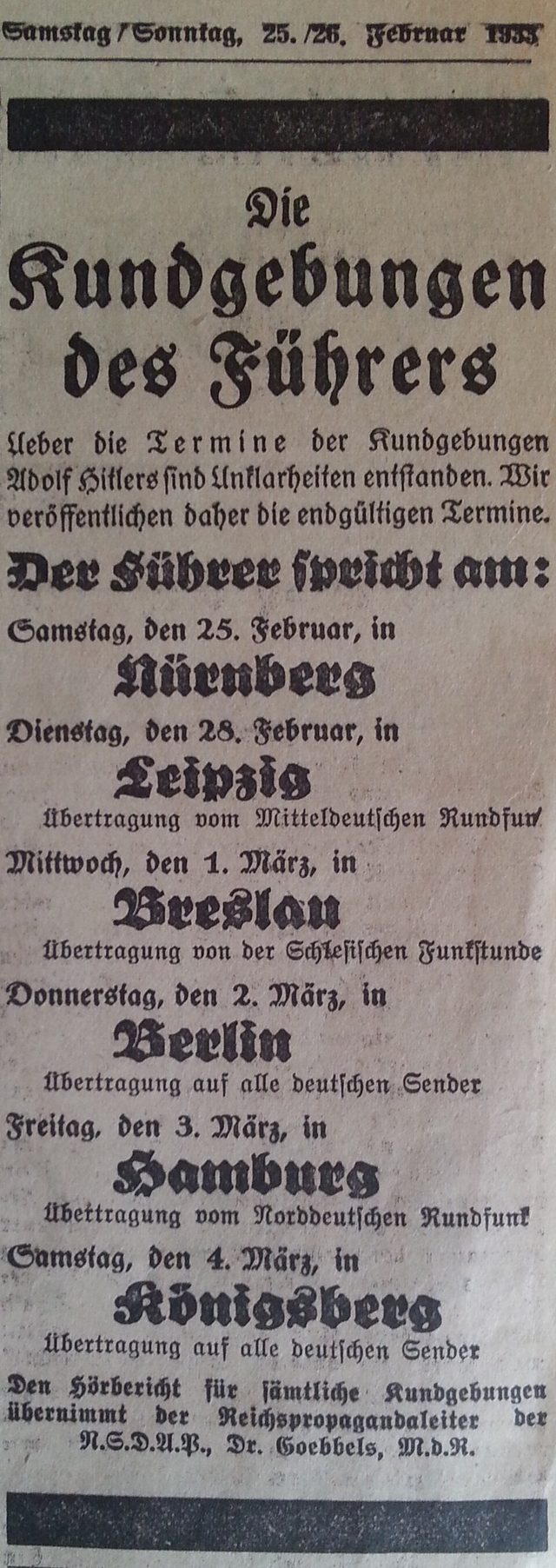 Die Kundgebungen des Führers (Völkischer Beobachter, 25/26 February 1933)