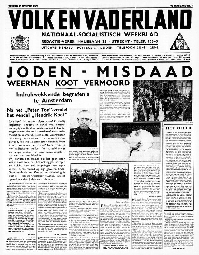 Volk en Vaderland, front page (21 February 1941): "Joden - misdaad. Weerman Koot vermoord"