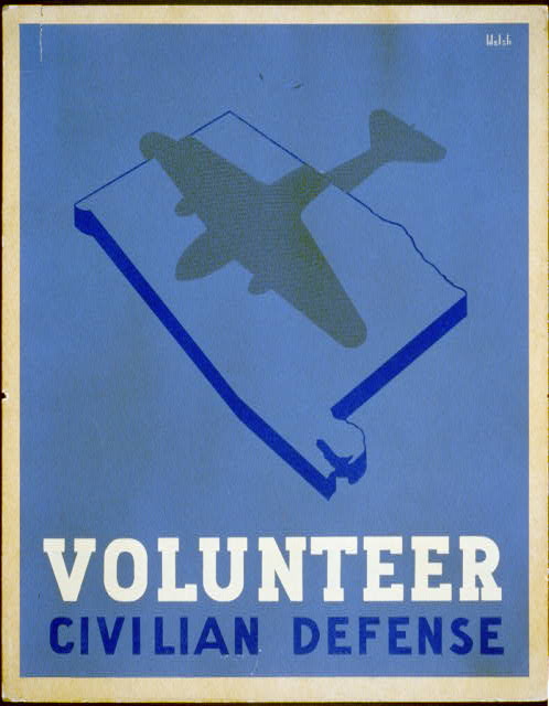 Poster, 1941 to 1943: Volunteer civilian defense, a bomber's shadow over the outline of Alabama