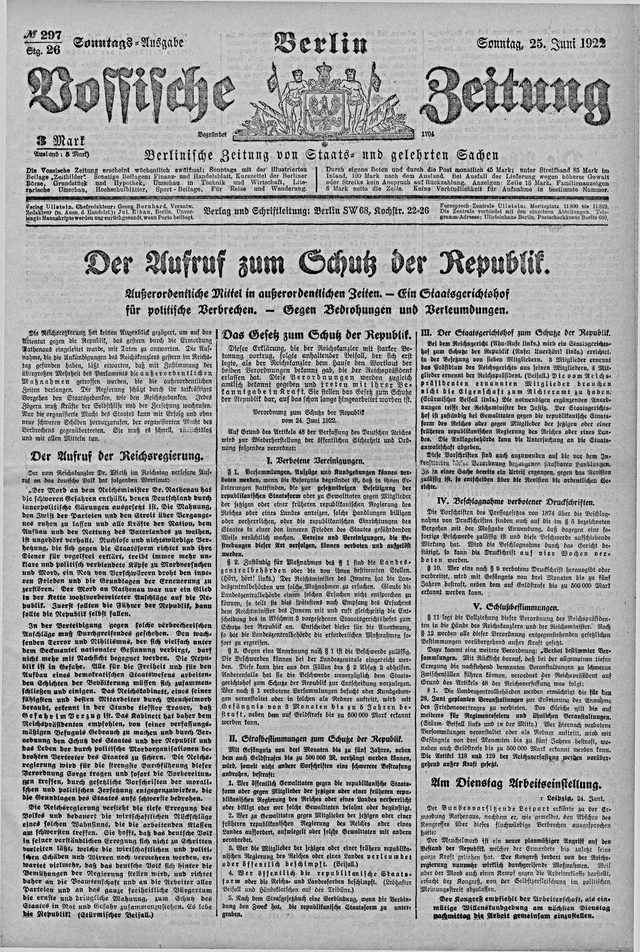 Vossische Zeitung, Nr. 297, front page (Berlin, 25 June 1922): "Der Aufruf zum Schutz der Republik"