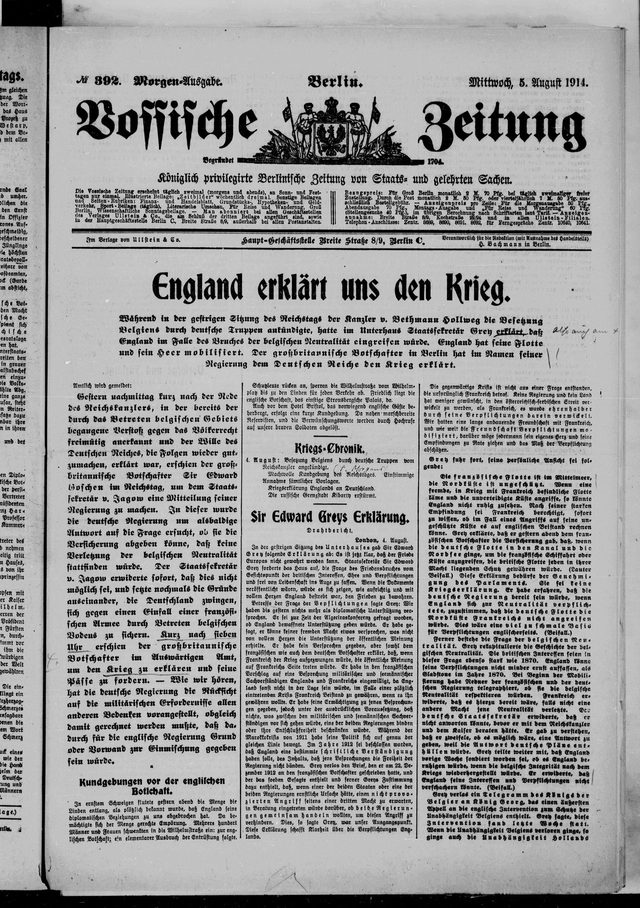 Vossische Zeitung, Nr. 392, front page (Berlin, 5 August 1914): "England erklärt uns den Krieg"