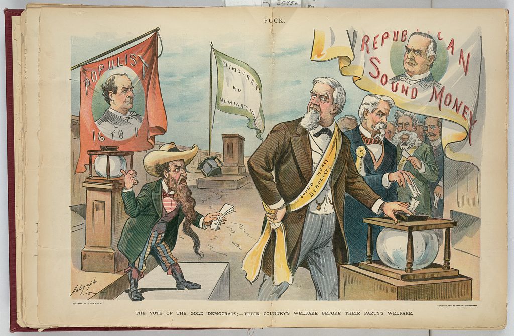 Puck cartoon of Democrats in sound-money sashes voting under a Republican Sound Money banner while a small bearded figure holds a Populist ballot
