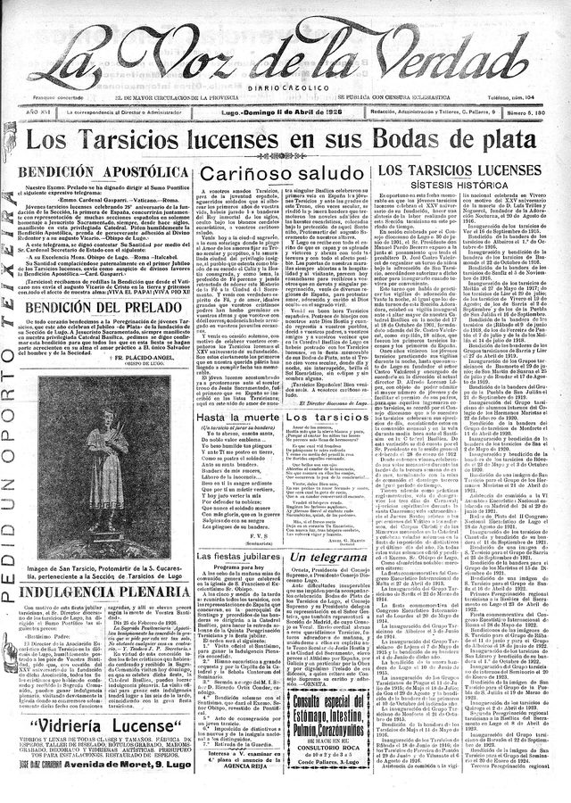 La Voz de la Verdad, front page (Lugo, 11 April 1926): silver jubilee of the Tarsicios