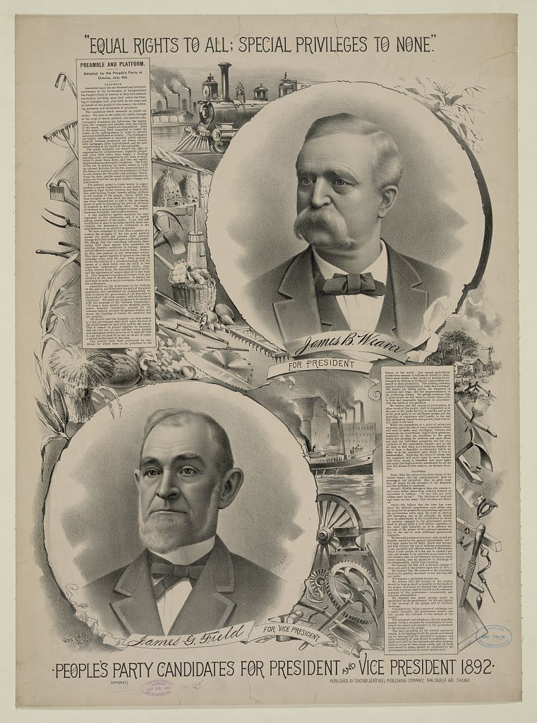 Lithograph portraits of James B. Weaver and James G. Field surrounded by farm tools and machinery, with the Omaha platform printed in the margins