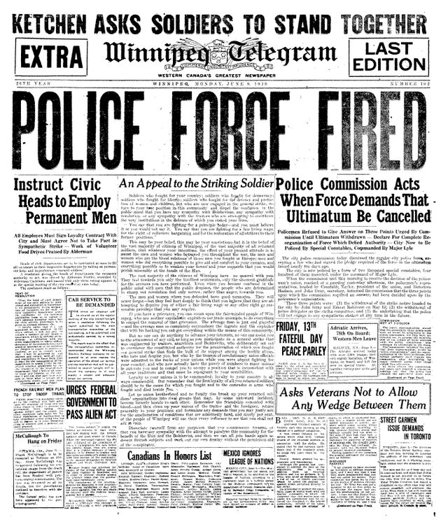 Winnipeg Telegram, Extra, front page, 9 June 1919 (Winnipeg General Strike)
