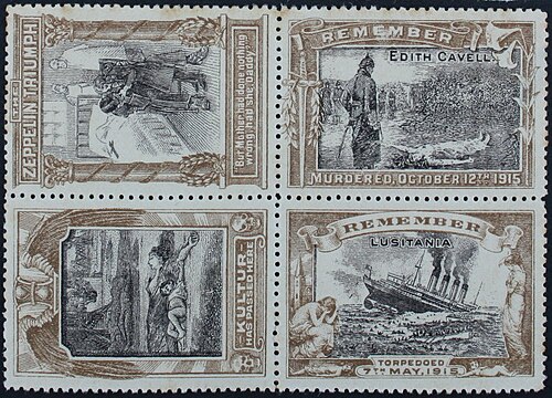 Winox anti-German poster stamps: Zeppelin, Edith Cavell, "Kultur", Lusitania (Britain, 1915)