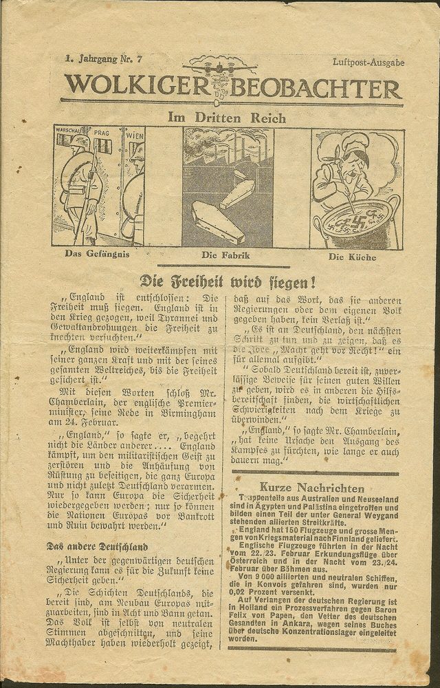 Wolkiger Beobachter, Luftpost-Ausgabe, 1. Jahrgang Nr. 7 (Cloudy Observer, air-mail edition, front page)