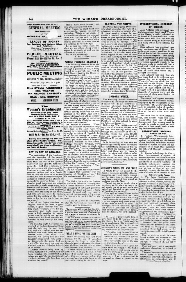 The Woman's Dreadnought, 15 May 1915, p. 246: "Let Us Not Be Cowards" and "Whose Fiendish Devices?"