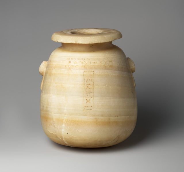 Egyptian alabaster jar inscribed with the name of Xerxes the Great in four languages (Old Persian, Elamite, Babylonian, Egyptian), 486 to 466 BCE