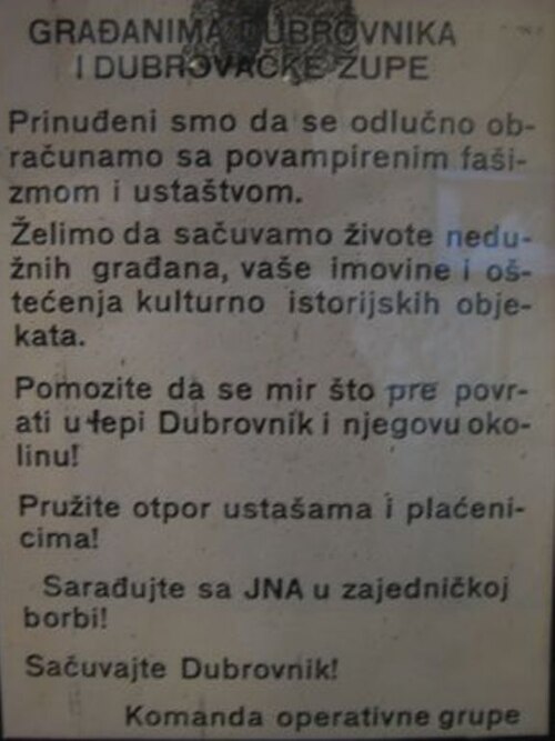 Yugoslav Army leaflet to the citizens of Dubrovnik, 1991