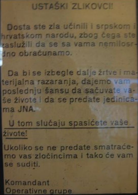 Yugoslav Army leaflet "Ustaški zlikovci!" calling on Croatian forces to surrender, 1991