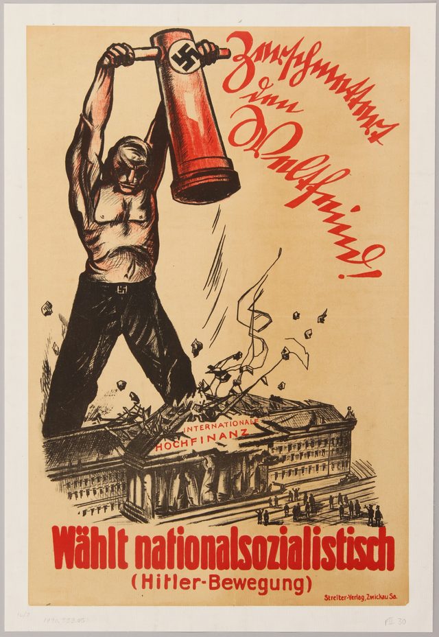 Zerschmettert den Weltfeind. Wählt Nationalsozialistisch! (Streiter-Verlag election poster)