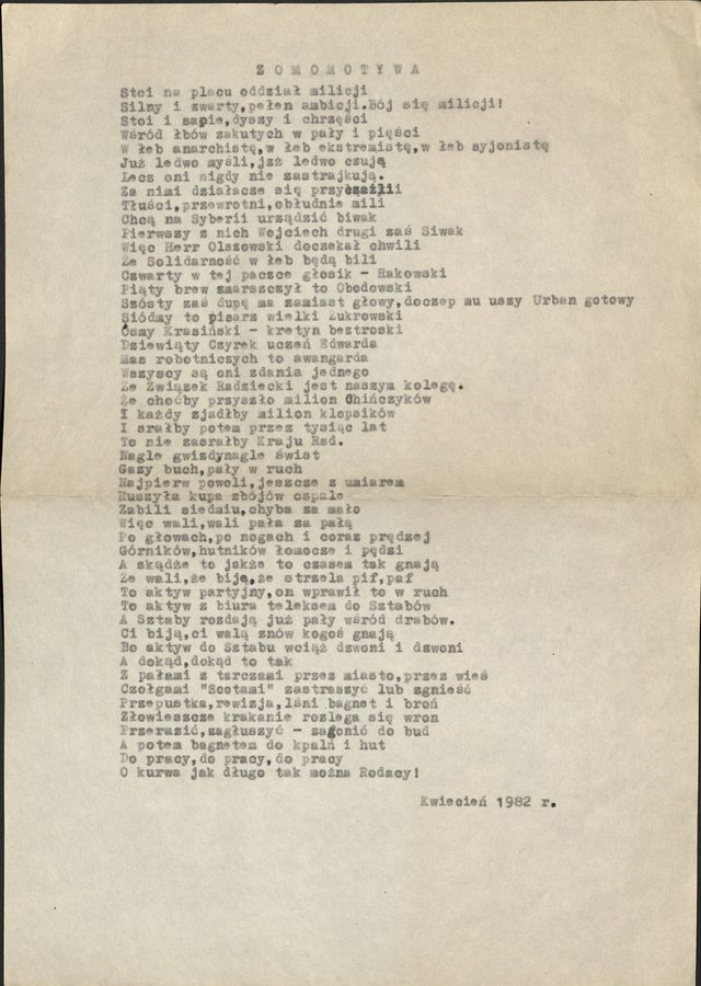 "Zomomotywa": anonymous typed satire poem on ZOMO and the party leadership