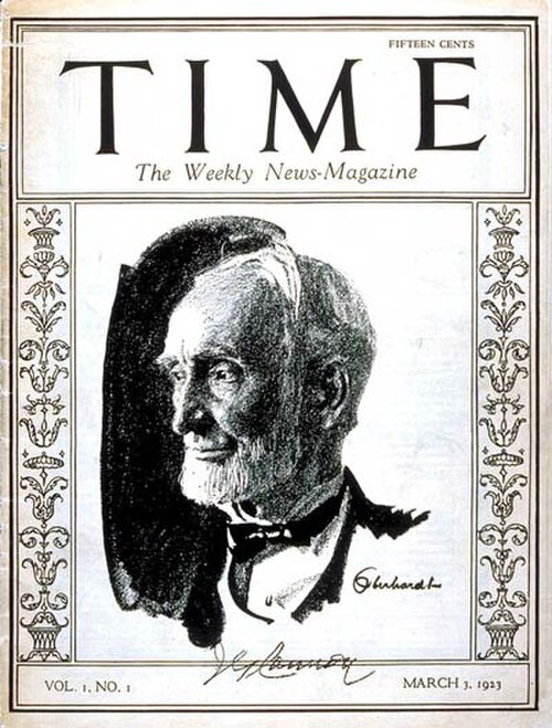 Cover of the first issue of Time magazine, 3 March 1923, with a charcoal portrait of Joseph G. Cannon