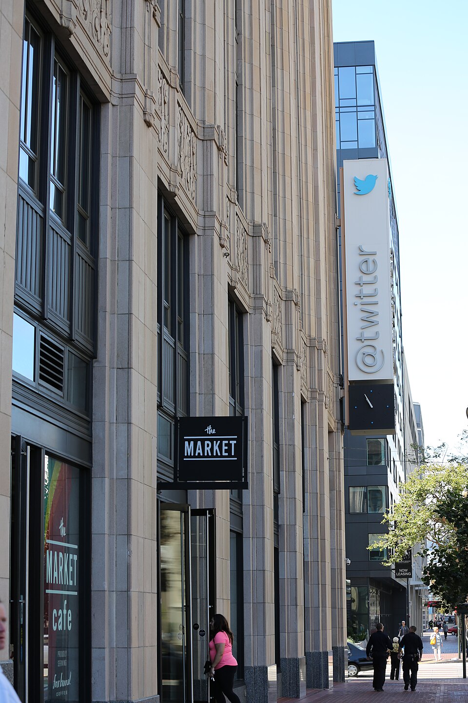 Twitter's headquarters at Market Square, 1355 Market Street, San Francisco, with the company's sign