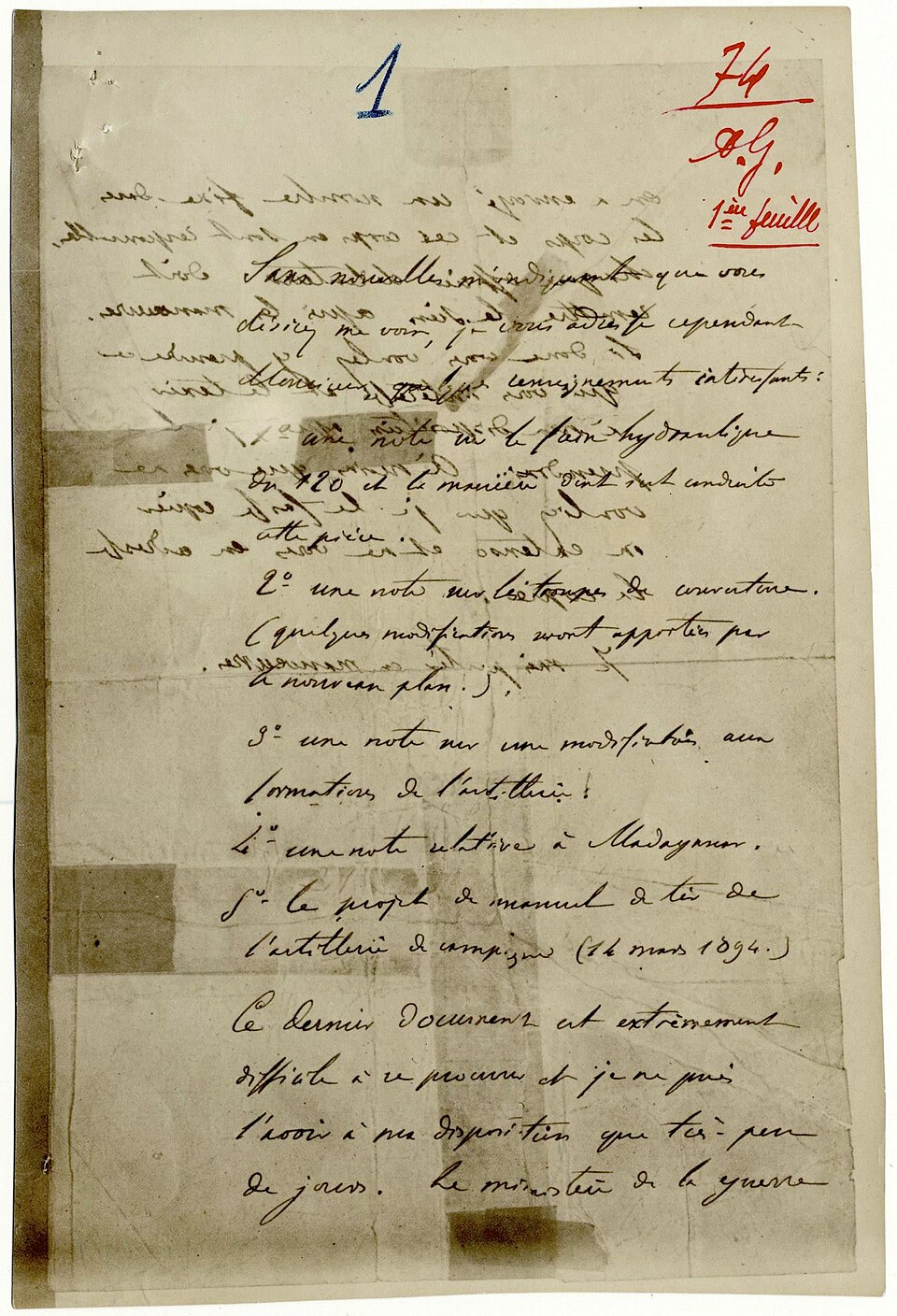 Photographic copy of the handwritten bordereau, a list of documents offered to the German military attaché in Paris