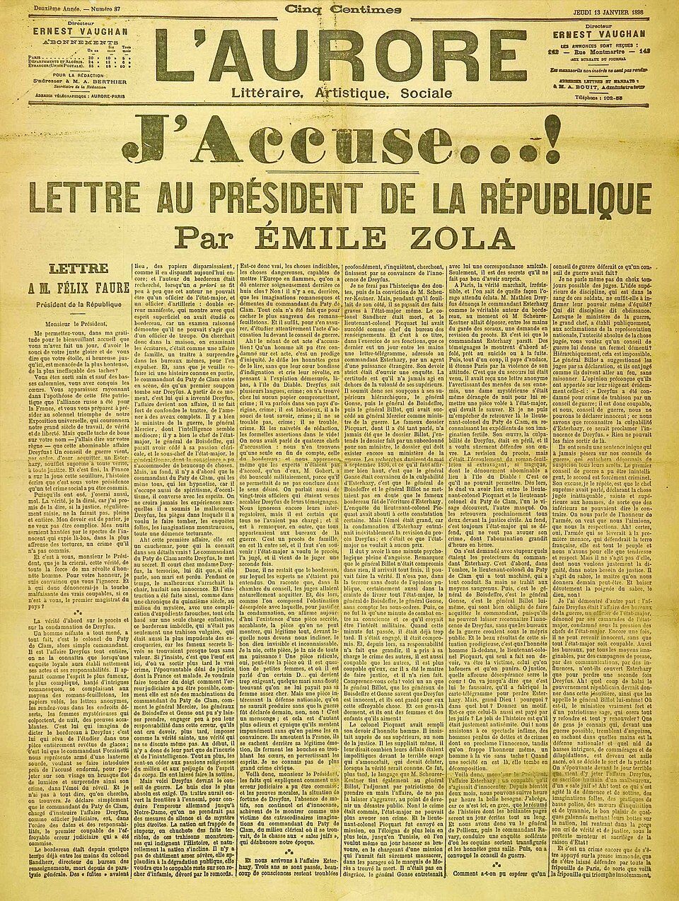 Front page of the newspaper L'Aurore, 13 January 1898, with the headline J'accuse and Emile Zola's letter to the President of the Republic