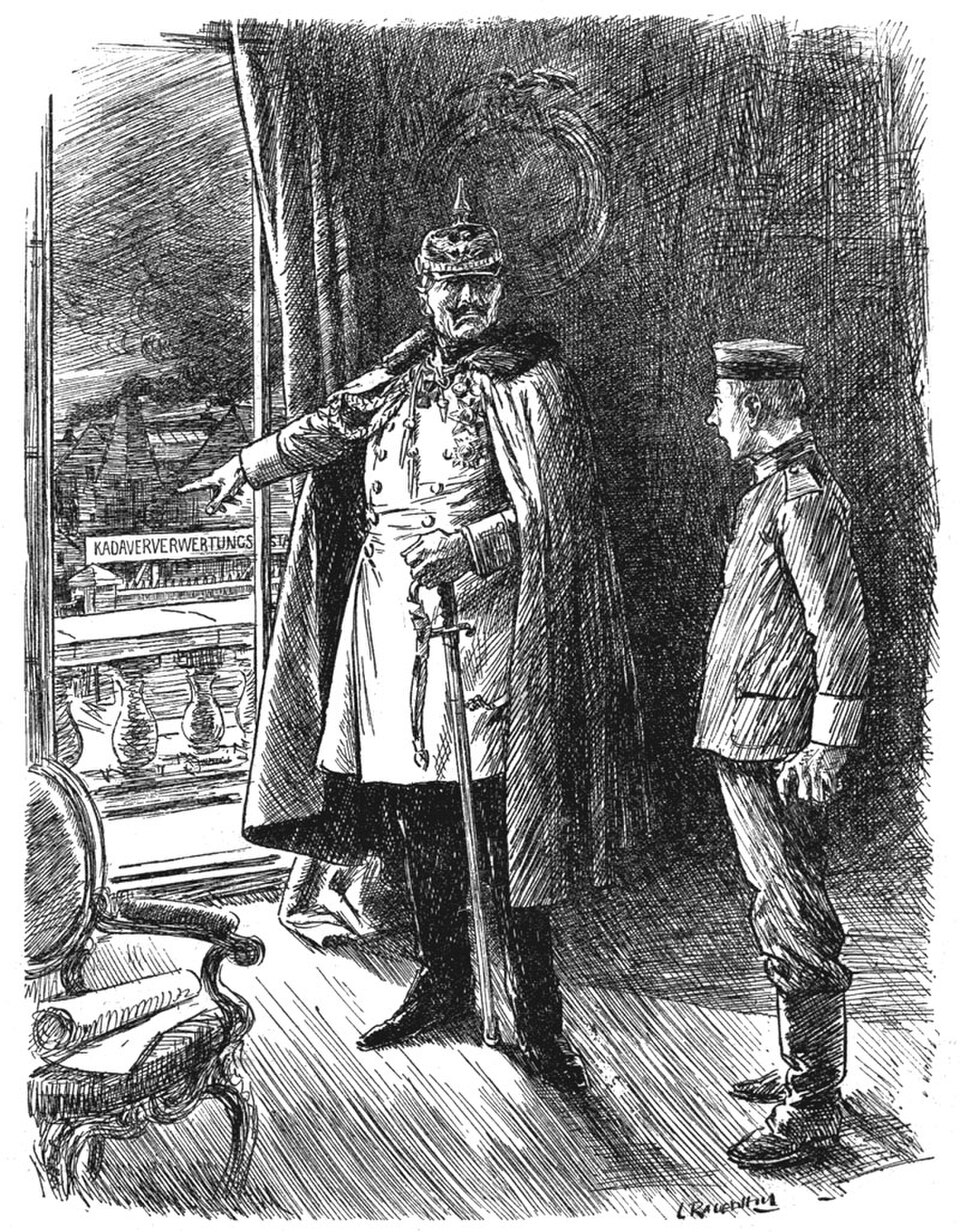 Punch cartoon of Kaiser Wilhelm II pointing to a factory labeled Kadaververwertungsanstalt while speaking to a young recruit