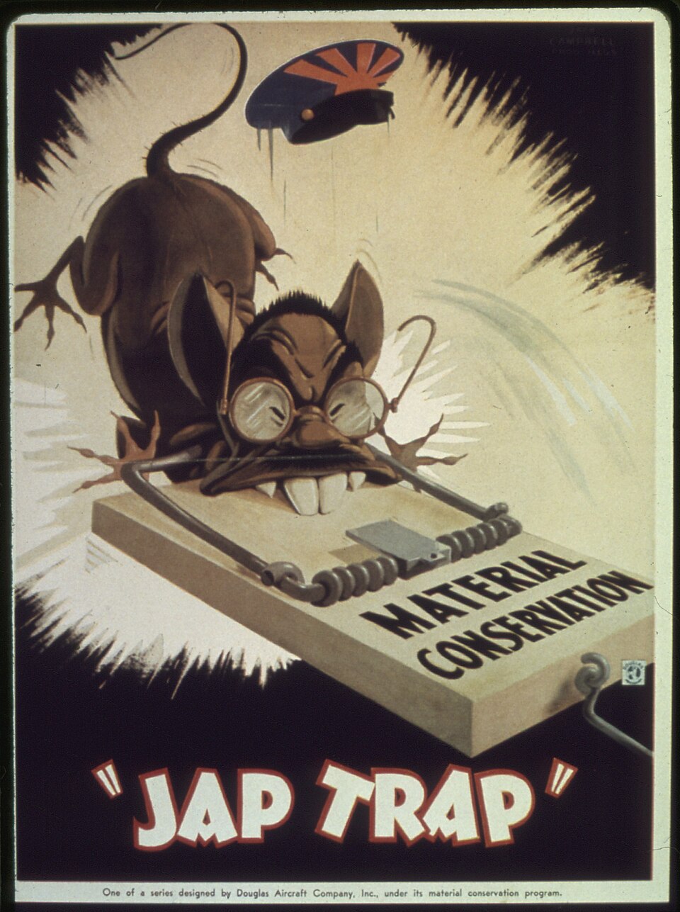 Wartime U.S. poster titled Jap Trap: a rodent in round glasses and a cap with a rising-sun design is caught in a mousetrap marked Material Conservation