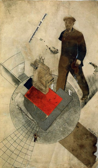 Photomontage design by Gustav Klutsis showing a large figure of Lenin over a drawing of a power station