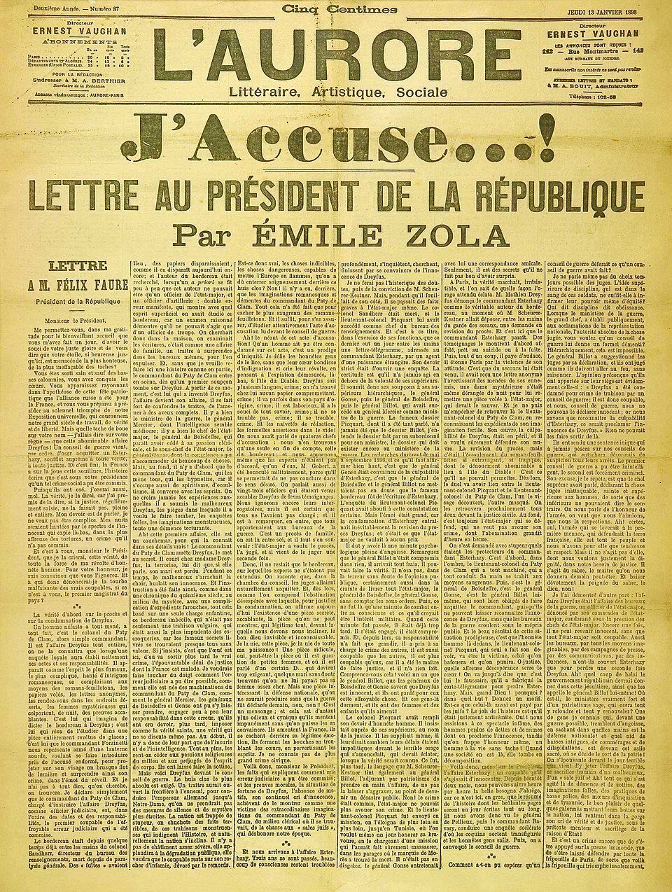 Front page of L'Aurore, 13 January 1898, with Emile Zola's J'accuse