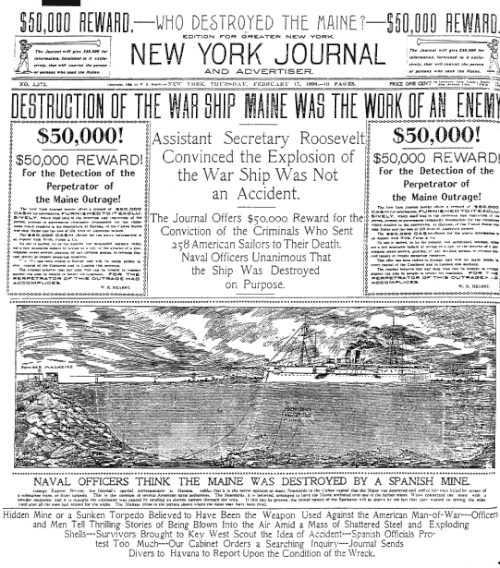 Front page of the New York Journal, 17 February 1898, on the destruction of the USS Maine
