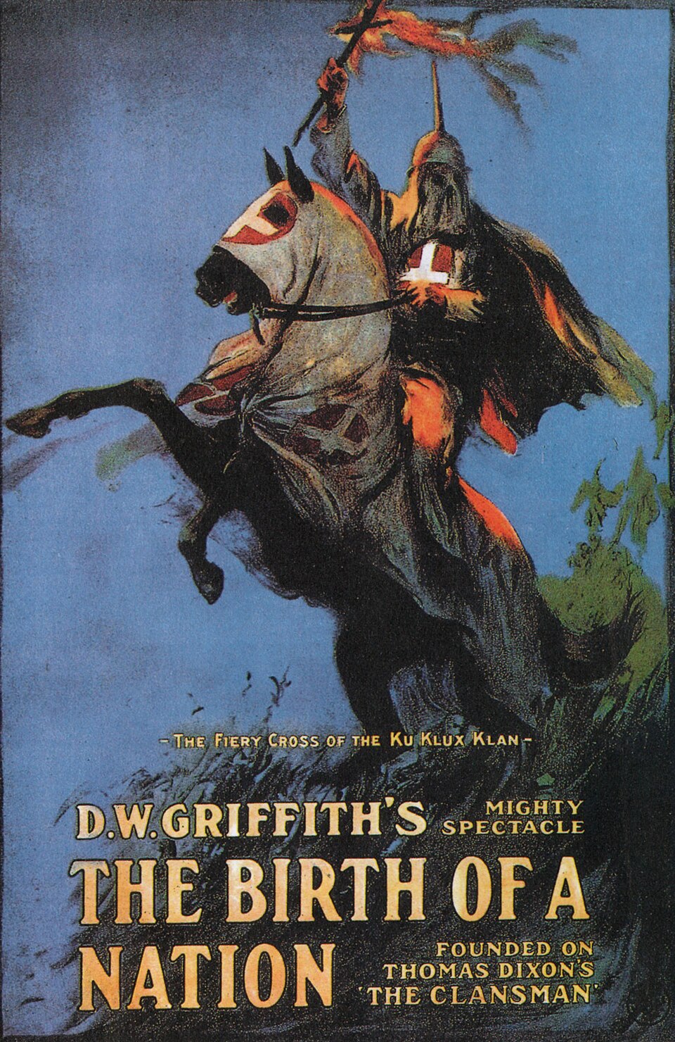 Theatrical poster for The Birth of a Nation showing a mounted Klansman with a burning cross