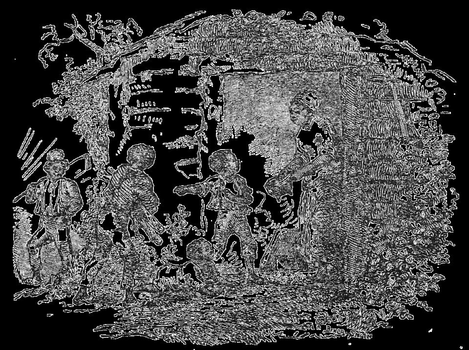 Wood-engraved vignette of a cabin doorway with a woman and children from the title page of Uncle Tom's Cabin, volume 1