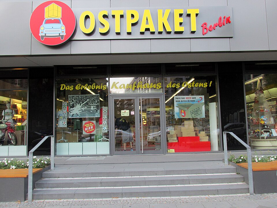 Shop front in Berlin-Mitte reading Ostpaket Berlin and Kaufhaus des Ostens