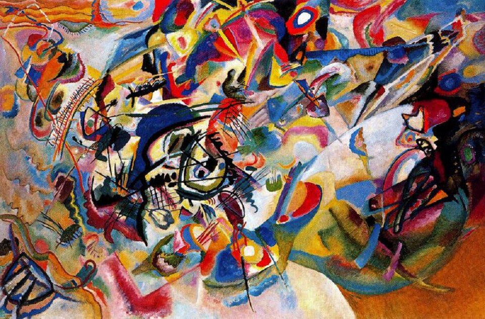 Wassily Kandinsky's 1913 painting Composition VII: dense abstract swirls of red, blue, yellow and black