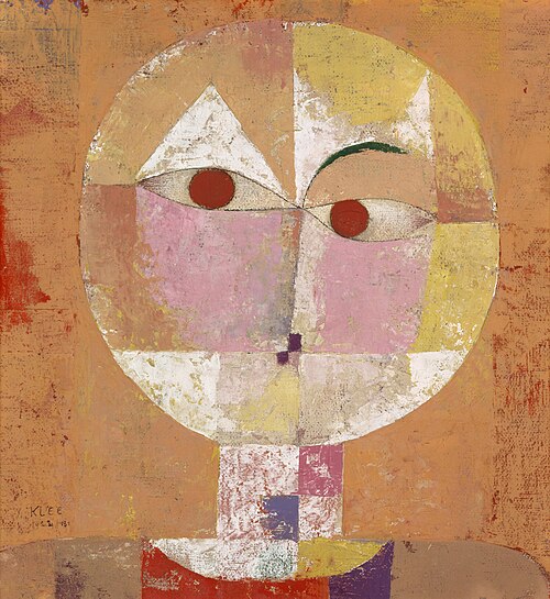 Paul Klee's 1922 painting Senecio: a round face built from rectangles of orange, pink, yellow and white