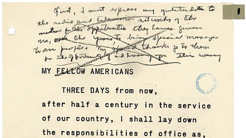 First page of a typed draft of Eisenhower's farewell address, with handwritten insertions and deletions