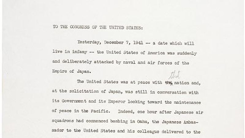 First page of President Roosevelt's typed address to Congress, December 8, 1941, with his corrections