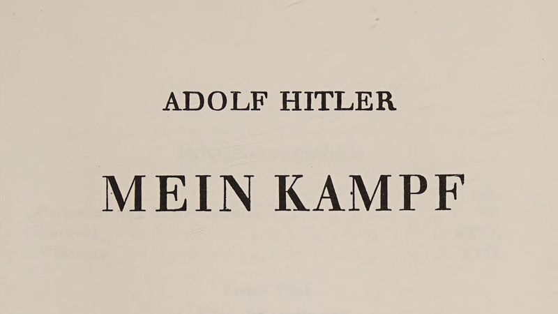 The author's name and title, Adolf Hitler, Mein Kampf, in the type of the 1943 title page