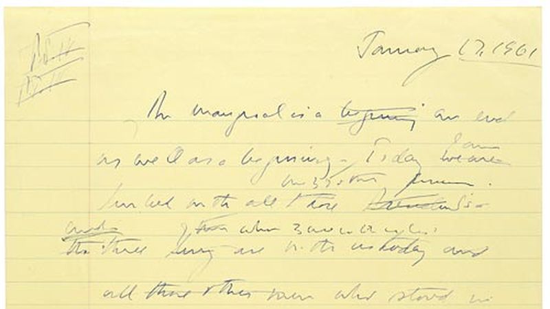 Opening lines of President-elect Kennedy's handwritten draft of his inaugural address, January 17, 1961