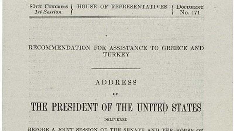 Title page of House Document 171, the printed text of President Truman's address recommending assistance to Greece and Turkey