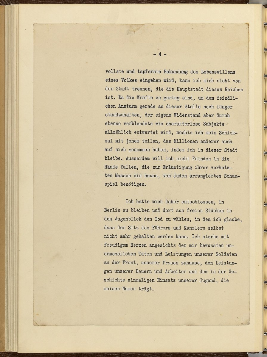 A typed page of German text numbered 4, ending with a paragraph about choosing death in Berlin, on a bound album page