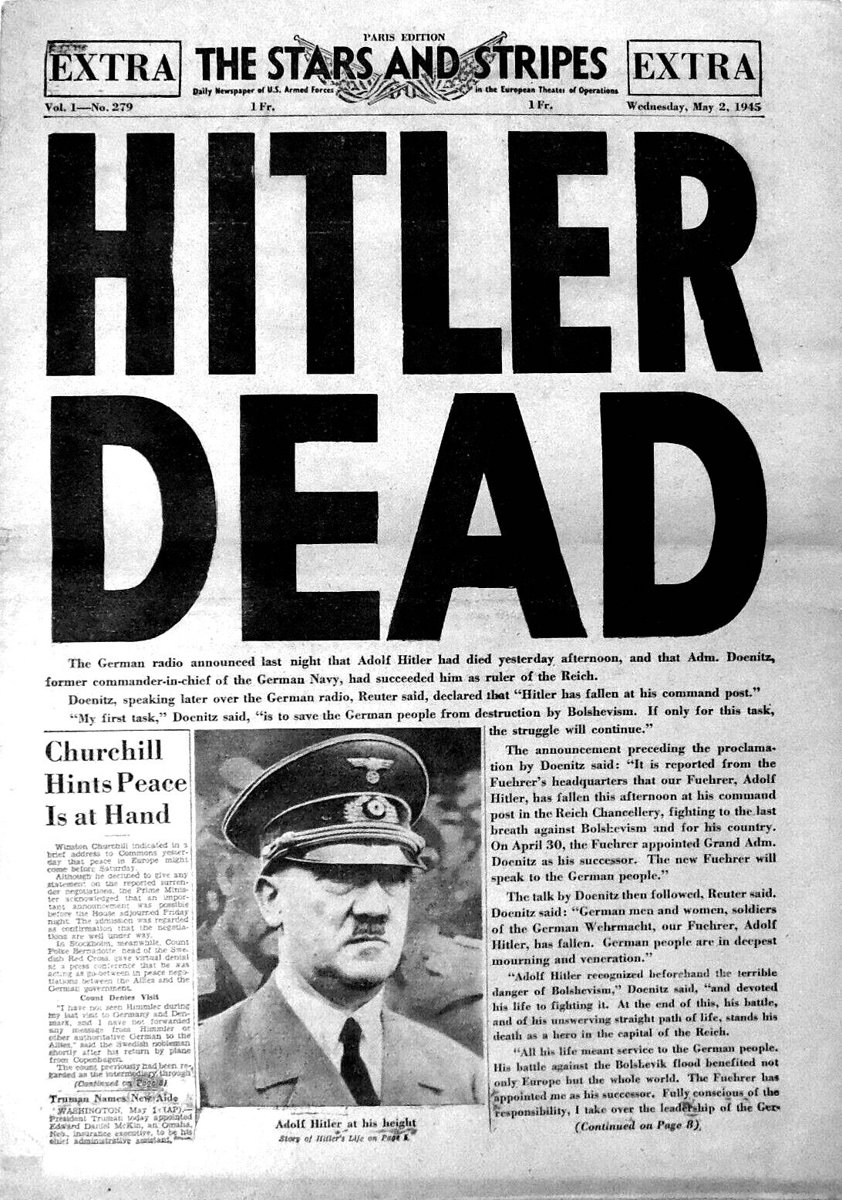 The front page of The Stars and Stripes, Paris edition, Wednesday 2 May 1945, with the headline HITLER DEAD in very large letters above a portrait of Hitler in uniform