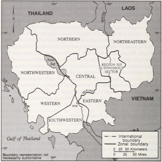 Outline map of Cambodia divided by thick lines into labelled zones: Northern, Northeastern, Northwestern, Central, Eastern, Western and Southwestern, with Phnom Penh marked and a Region 505 autonomous sector