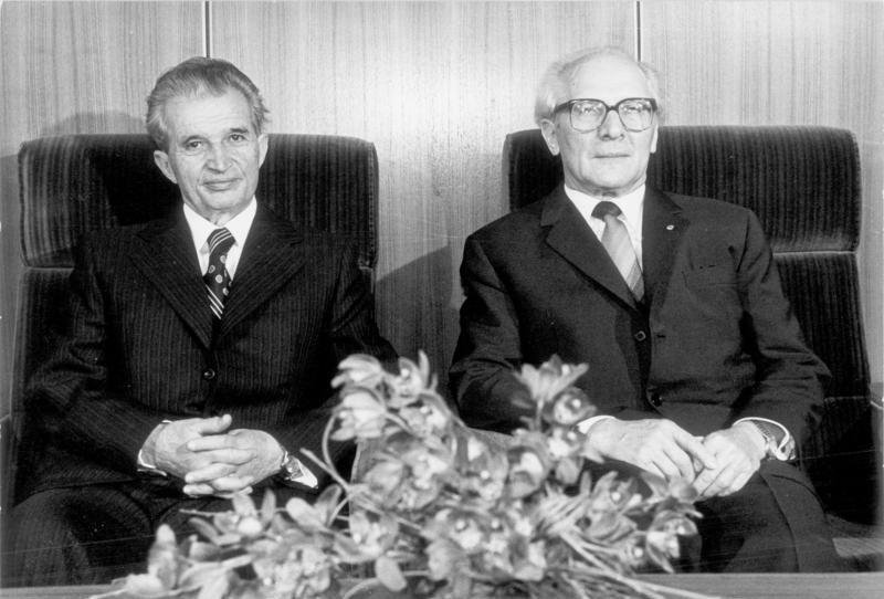Nicolae Ceausescu, left, and Erich Honecker seated side by side in dark suits behind a bunch of orchids