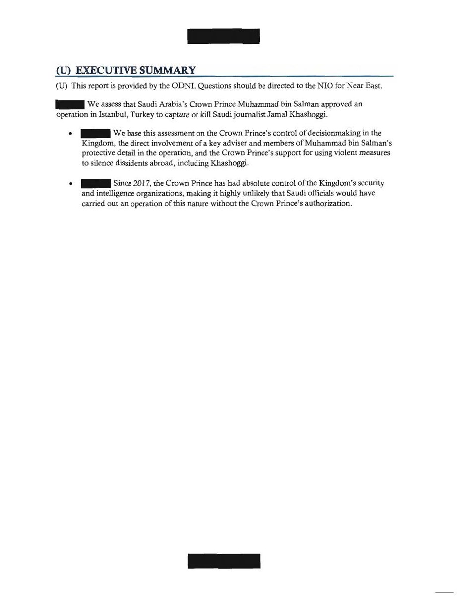 A typed page headed (U) Executive Summary, with black redaction bars at the top and bottom and before each paragraph, stating the assessment that the Crown Prince approved an operation to capture or kill Jamal Khashoggi