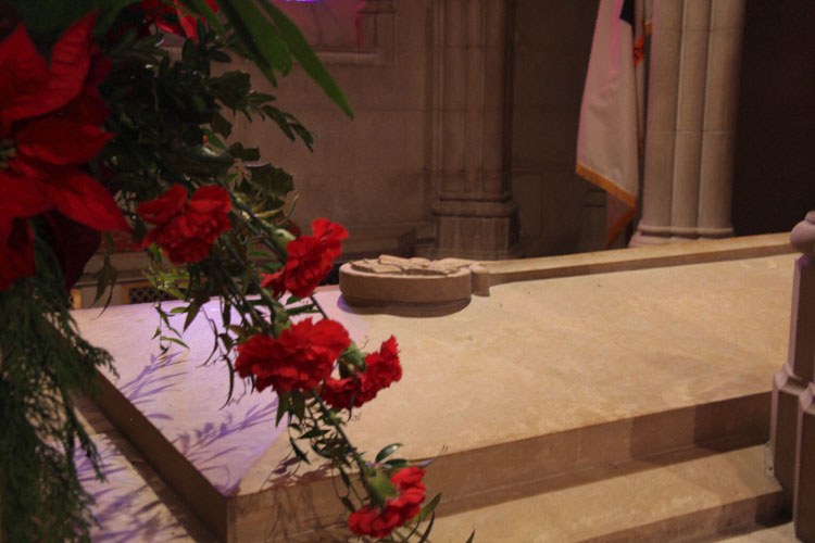 A pale stone sarcophagus lid with a carved cross on the end and red carnations draped over its edge, in a Gothic stone interior