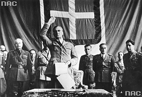 Rodolfo Graziani, Viceroy of Italian East Africa, receiving the submission of Ethiopian nobles in Addis Ababa in 1937, with Italian officers behind him