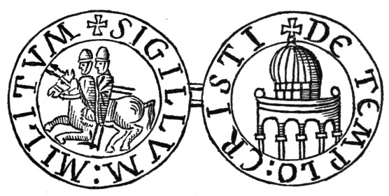 Two round seal faces joined by a bar: on the left two helmeted knights riding one horse inside the legend SIGILLVM MILITVM, on the right a domed building on an arcade inside the legend DE TEMPLO CRISTI.