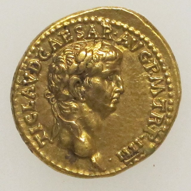 Gold aureus of Claudius, laureate head right, legend TI CLAVD CAESAR AVG P M TR P