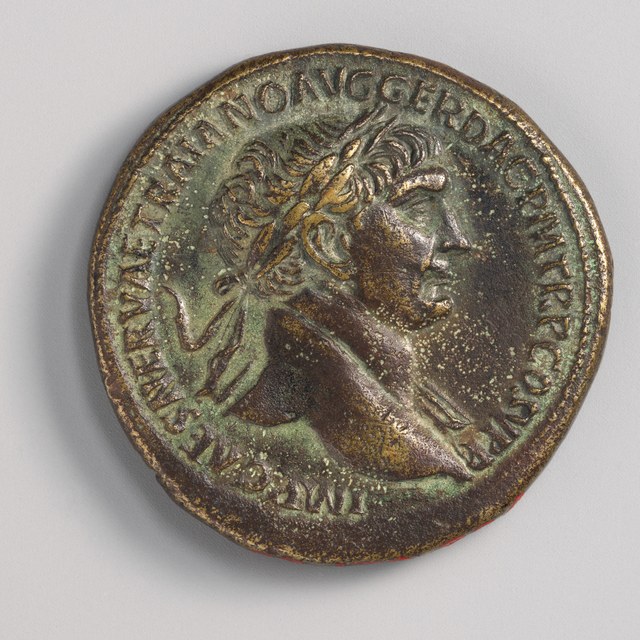Bronze sestertius of Trajan, laureate bust right, with the obverse legend running round the edge