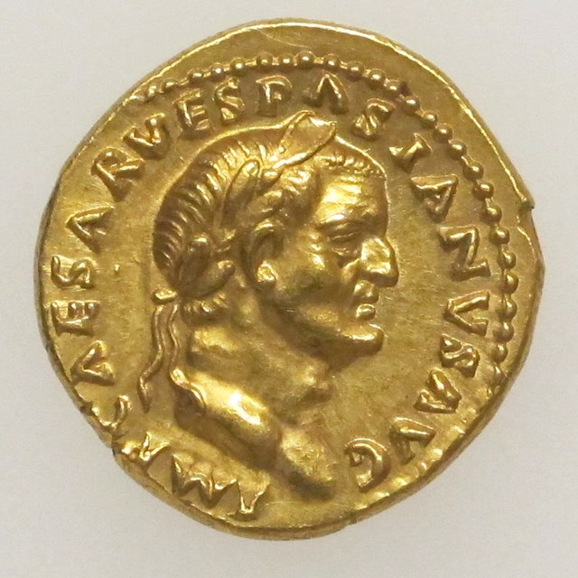 Gold aureus of Vespasian, laureate head right, legend IMP CAESAR VESPASIANVS AVG