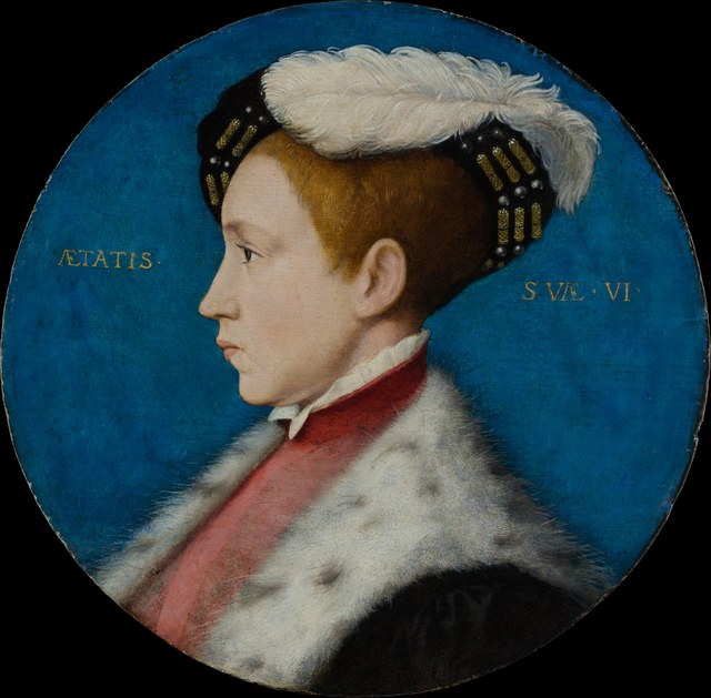 Profile portrait of the boy Edward VI in a plumed cap and ermine-trimmed gown, with the inscription AETATIS SVAE VI
